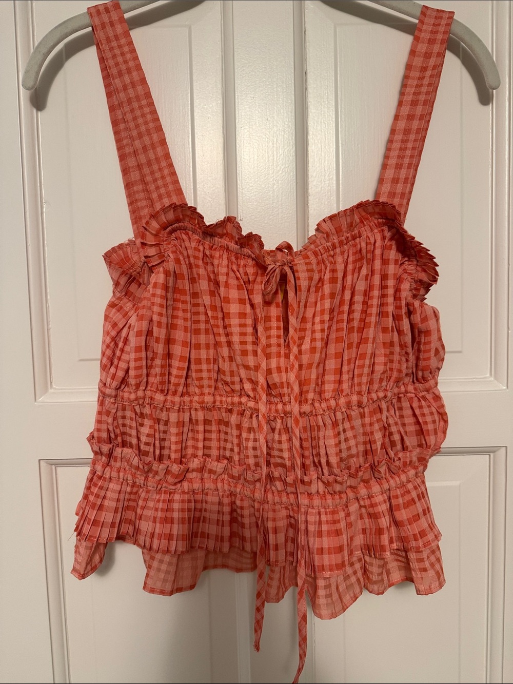 Coral Gingham Ruffle Smocked Tank Top